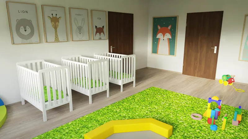 Sypialnia z łóżeczkami i kącikiem zabaw
