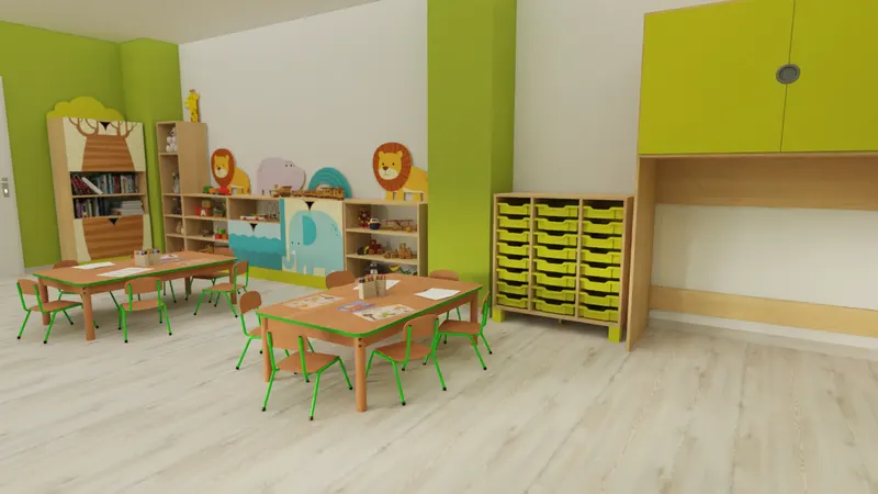 Sala zajęć ze stolikami i regałami