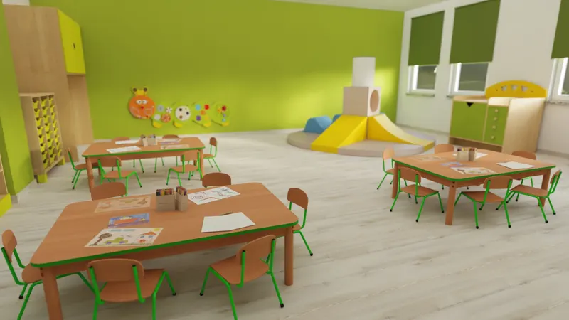 Sala z kącikiem piankowym i stolikami